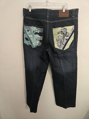 Y2K COOGI Mens Dark Wash Blue Denim Jeans Straight Leg Dragon Embroidery 36x34